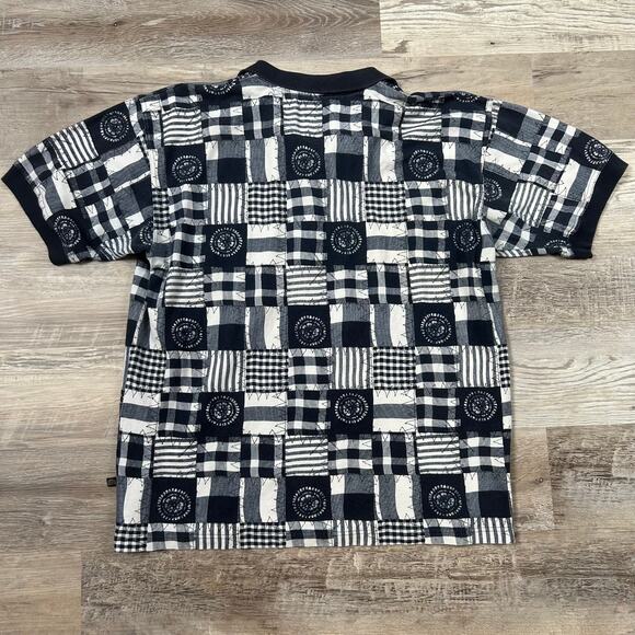 Vintage Structure Patchwork Polo Shirt Blue White 90s Made in Hong Kong XL - Picture 4 of 5